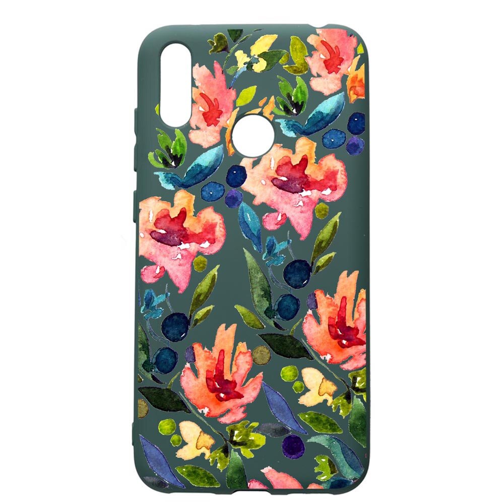 Husa Premium Silicon Compatibila Cu Huawei Y7 2019, Spring Flowers, cu interiorul din material textil, protectie camera, Forest Green, PFG628