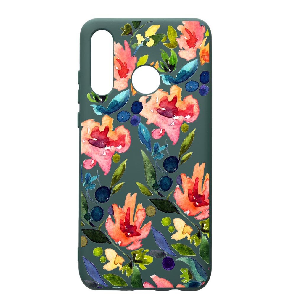 Husa Premium Silicon Compatibila Cu Huawei P30 Lite, Spring Flowers, cu interiorul din material textil, protectie camera, Forest Green, PFG628