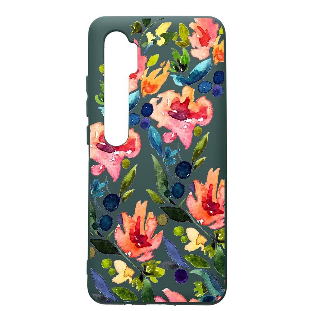 Husa Premium Silicon Compatibila Cu Xiaomi Mi Note 10, Spring Flowers, cu interiorul din material textil, protectie camera, Forest Green, PFG628