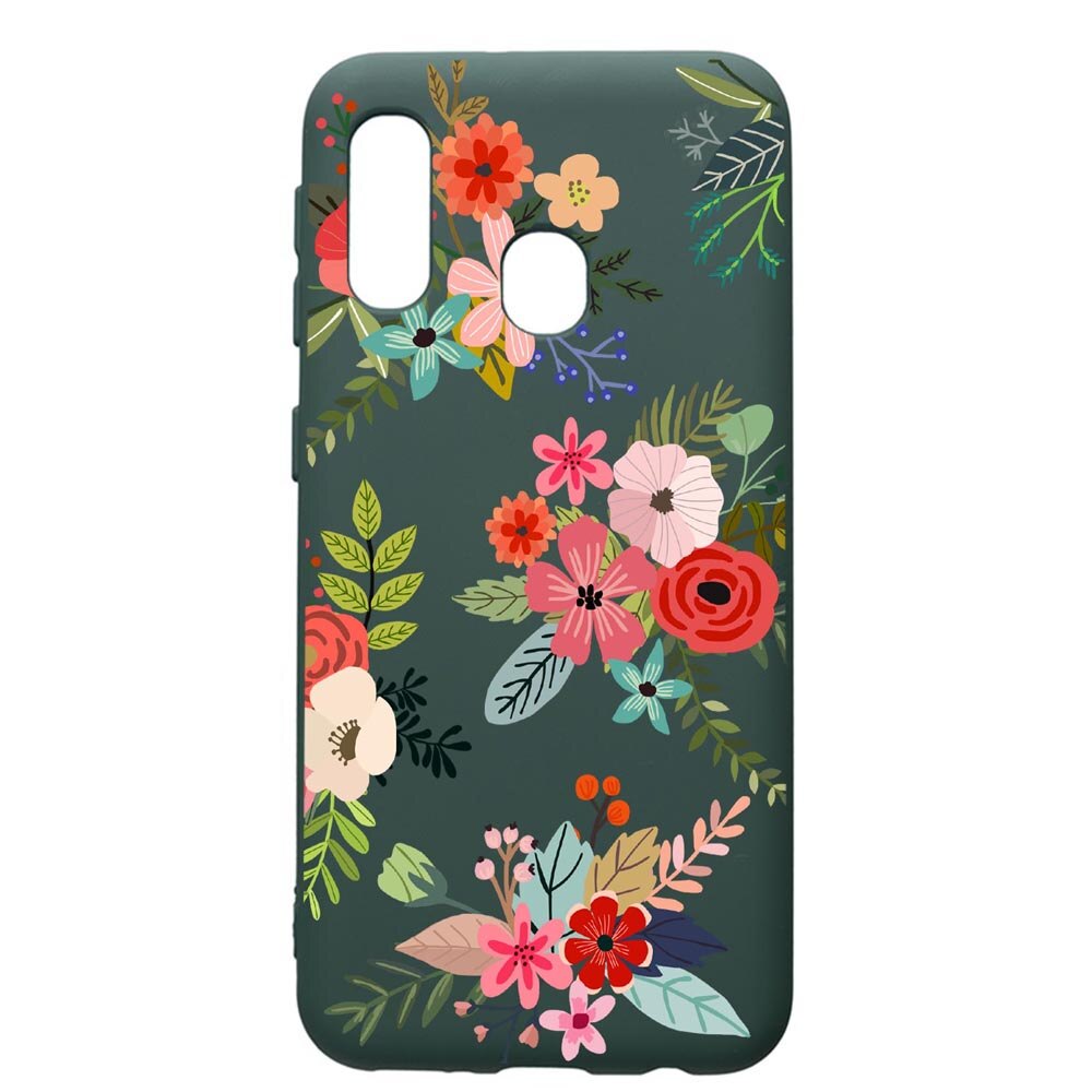 Husa Premium Silicon Compatibila Cu Samsung Galaxy A20E, Flowers, cu interiorul din material textil, protectie camera, Forest Green, PFG630