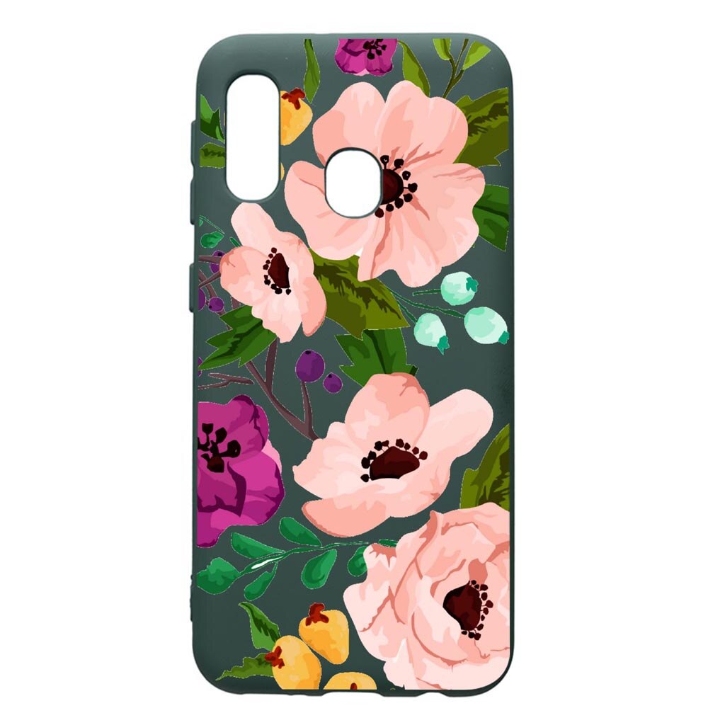 Husa Premium Silicon Compatibila Cu Samsung Galaxy A40, Flowers, cu interiorul din material textil, protectie camera, Forest Green, PFG629