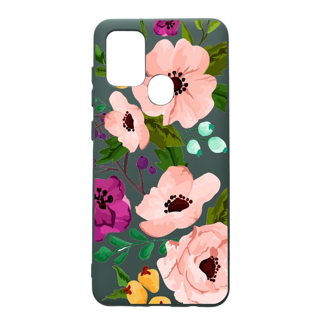 Husa Premium Silicon Compatibila Cu Samsung Galaxy A21S, Flowers, cu interiorul din material textil, protectie camera, Forest Green, PFG629