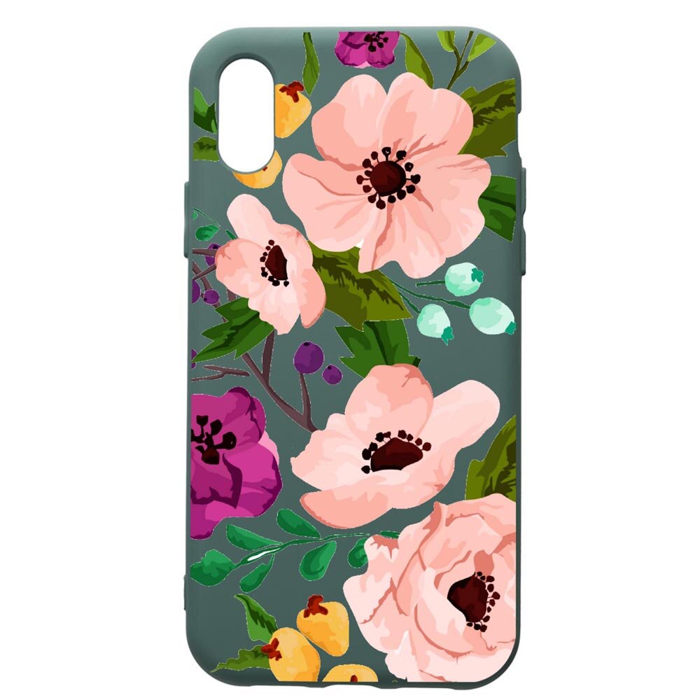 Husa Premium Silicon Compatibila Cu Samsung Galaxy A10, Flowers, cu interiorul din material textil, protectie camera, Forest Green, PFG629