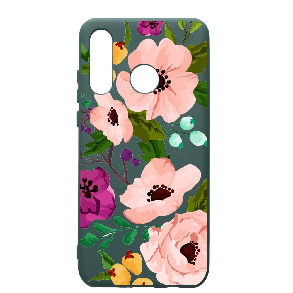 Husa Premium Silicon Compatibila Cu Huawei P30 Lite, Flowers, cu interiorul din material textil, protectie camera, Forest Green, PFG629