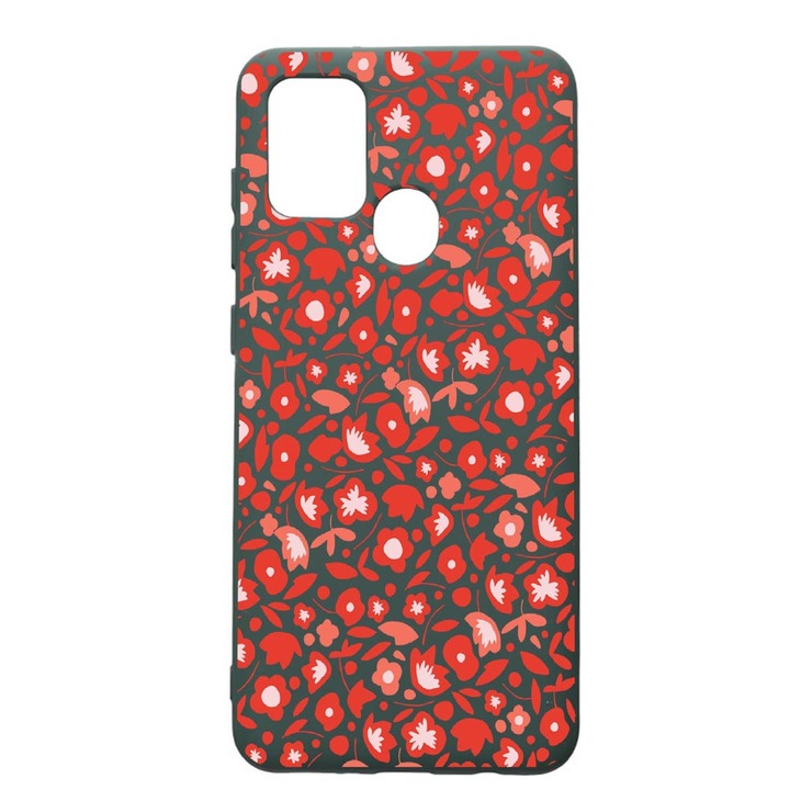 Husa Premium Silicon Compatibila Cu Huawei P Smart 2020, Red Flowers Pattern, cu interiorul din material textil, protectie camera, Forest Green, PFG631