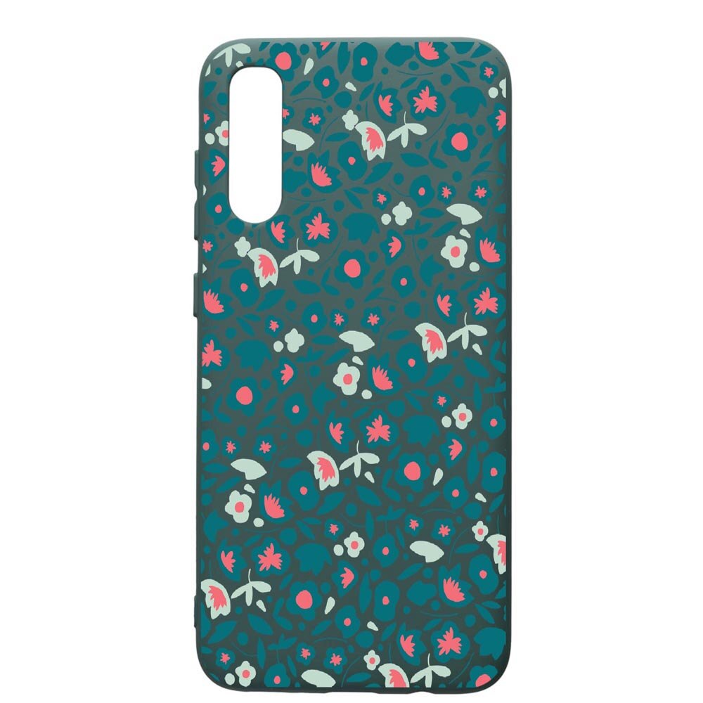 Husa Premium Silicon Compatibila Cu Samsung Galaxy A70, Green Flowers Pattern, cu interiorul din material textil, protectie camera, Forest Green, PFG632