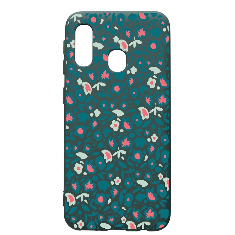 Husa Premium Silicon Compatibila Cu Samsung Galaxy A40, Green Flowers Pattern, cu interiorul din material textil, protectie camera, Forest Green, PFG632