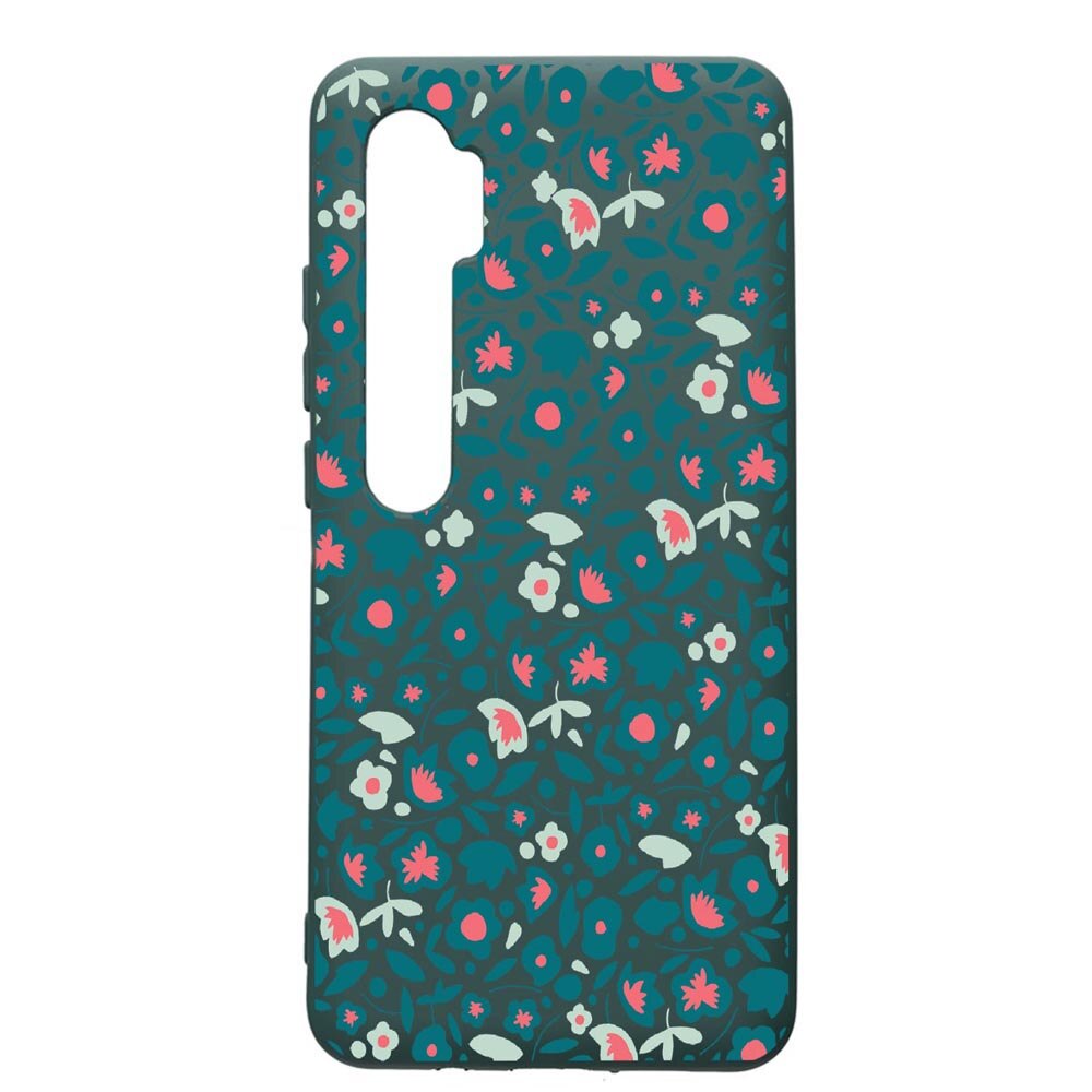 Husa Premium Silicon Compatibila Cu Xiaomi Mi Note 10, Green Flowers Pattern, cu interiorul din material textil, protectie camera, Forest Green, PFG632