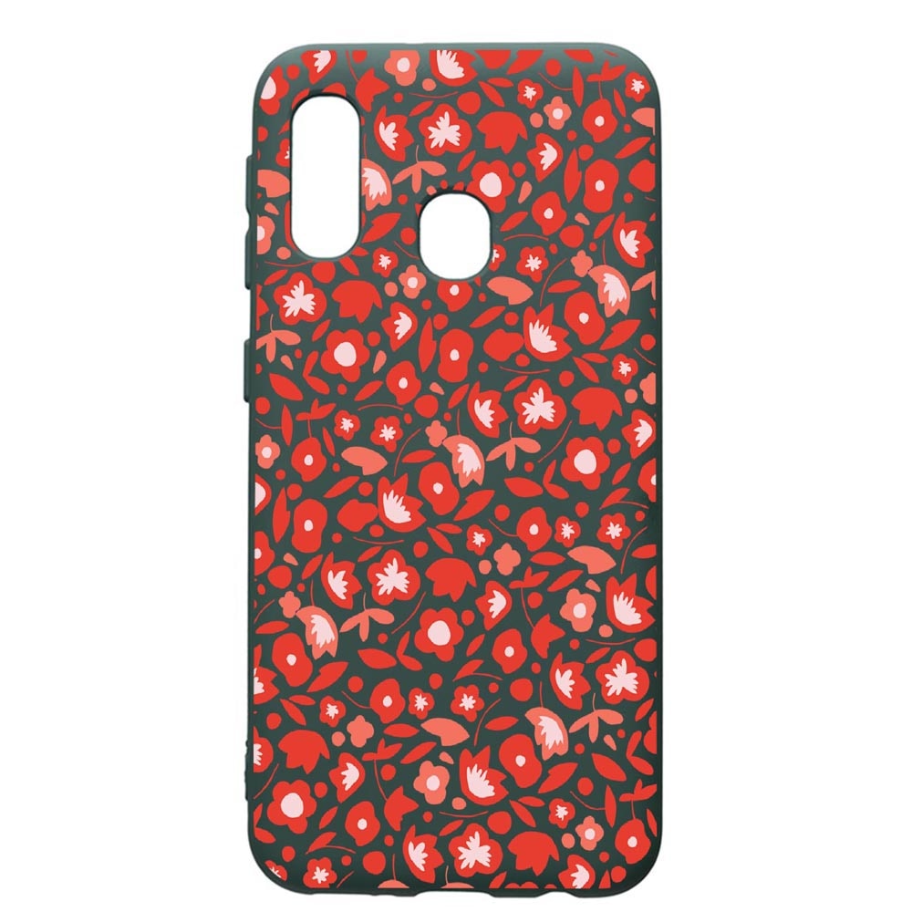 Husa Premium Silicon Compatibila Cu Samsung Galaxy A40, Red Flowers Pattern, cu interiorul din material textil, protectie camera, Forest Green, PFG631