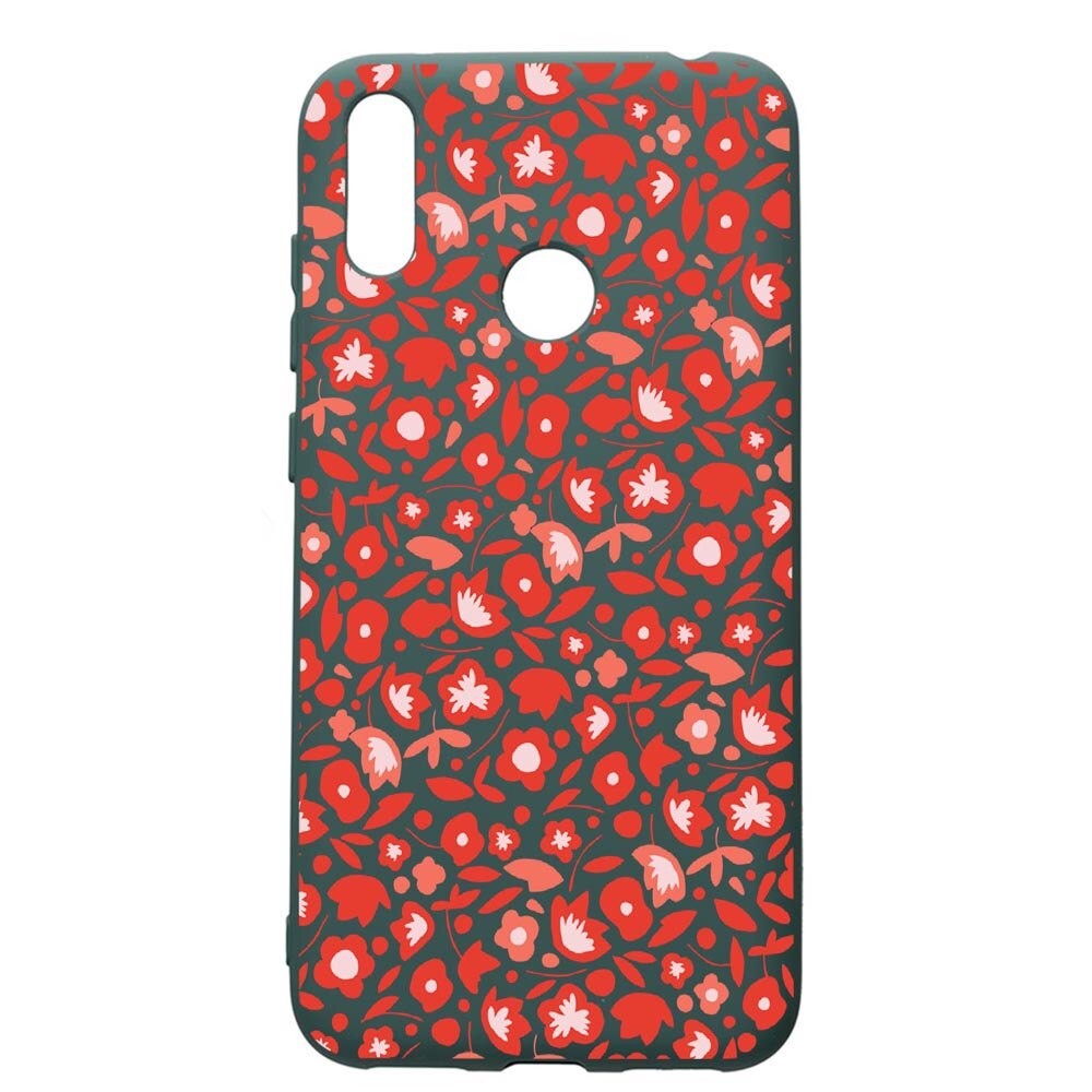 Husa Premium Silicon Compatibila Cu Huawei Y7 2019, Red Flowers Pattern, cu interiorul din material textil, protectie camera, Forest Green, PFG631