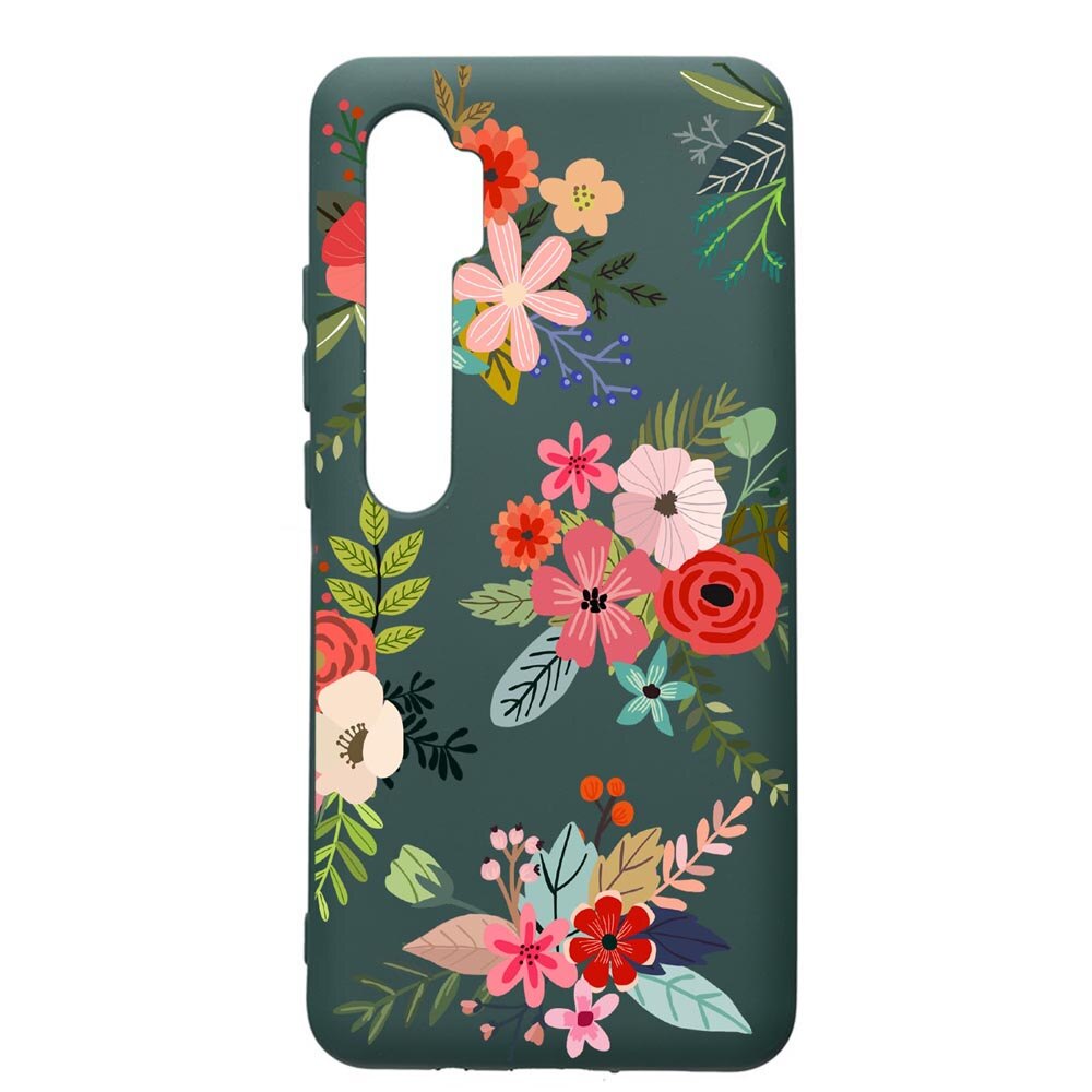 Husa Premium Silicon Compatibila Cu Xiaomi Mi Note 10, Flowers, cu interiorul din material textil, protectie camera, Forest Green, PFG630