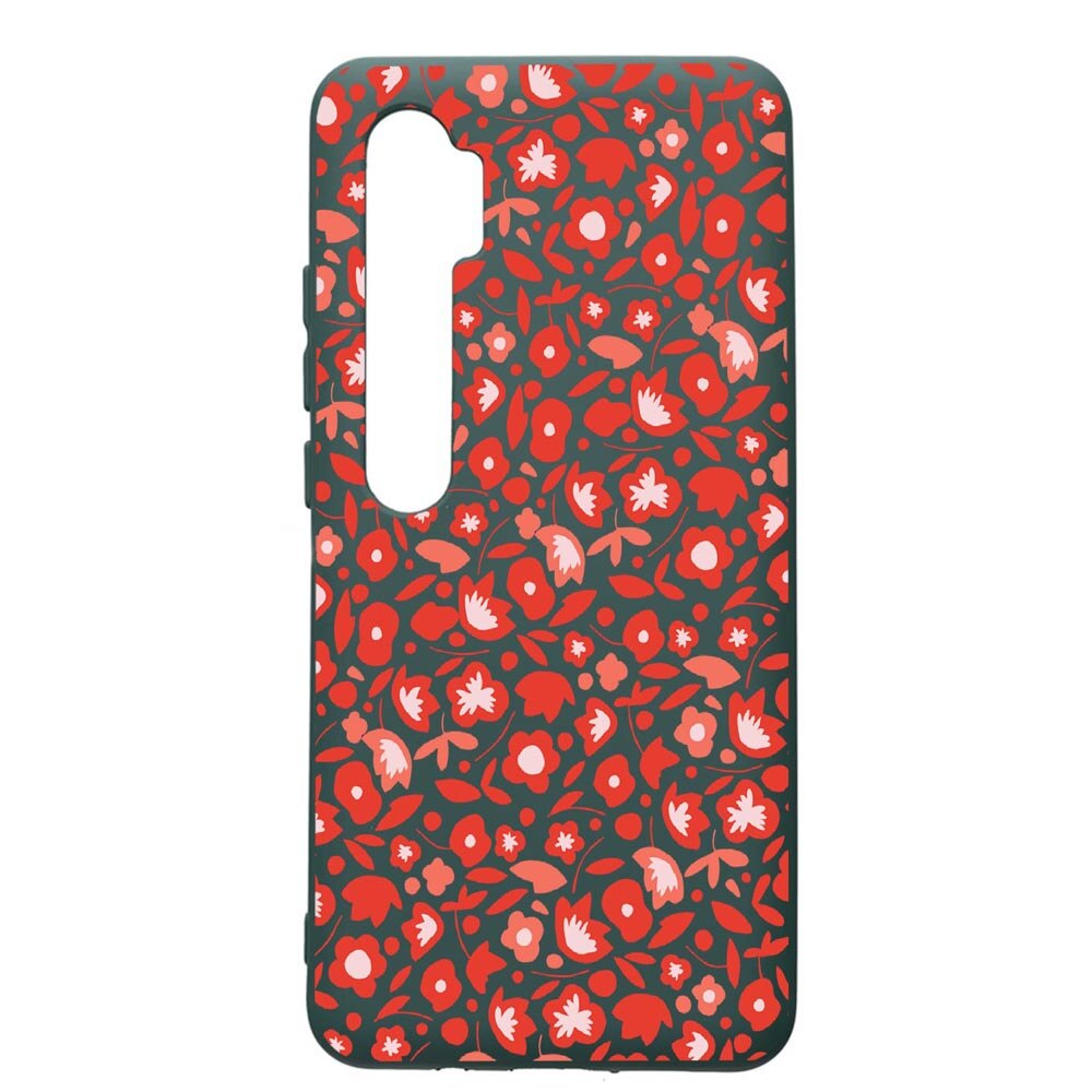 Husa Premium Silicon Compatibila Cu Xiaomi Mi Note 10, Red Flowers Pattern, cu interiorul din material textil, protectie camera, Forest Green, PFG631
