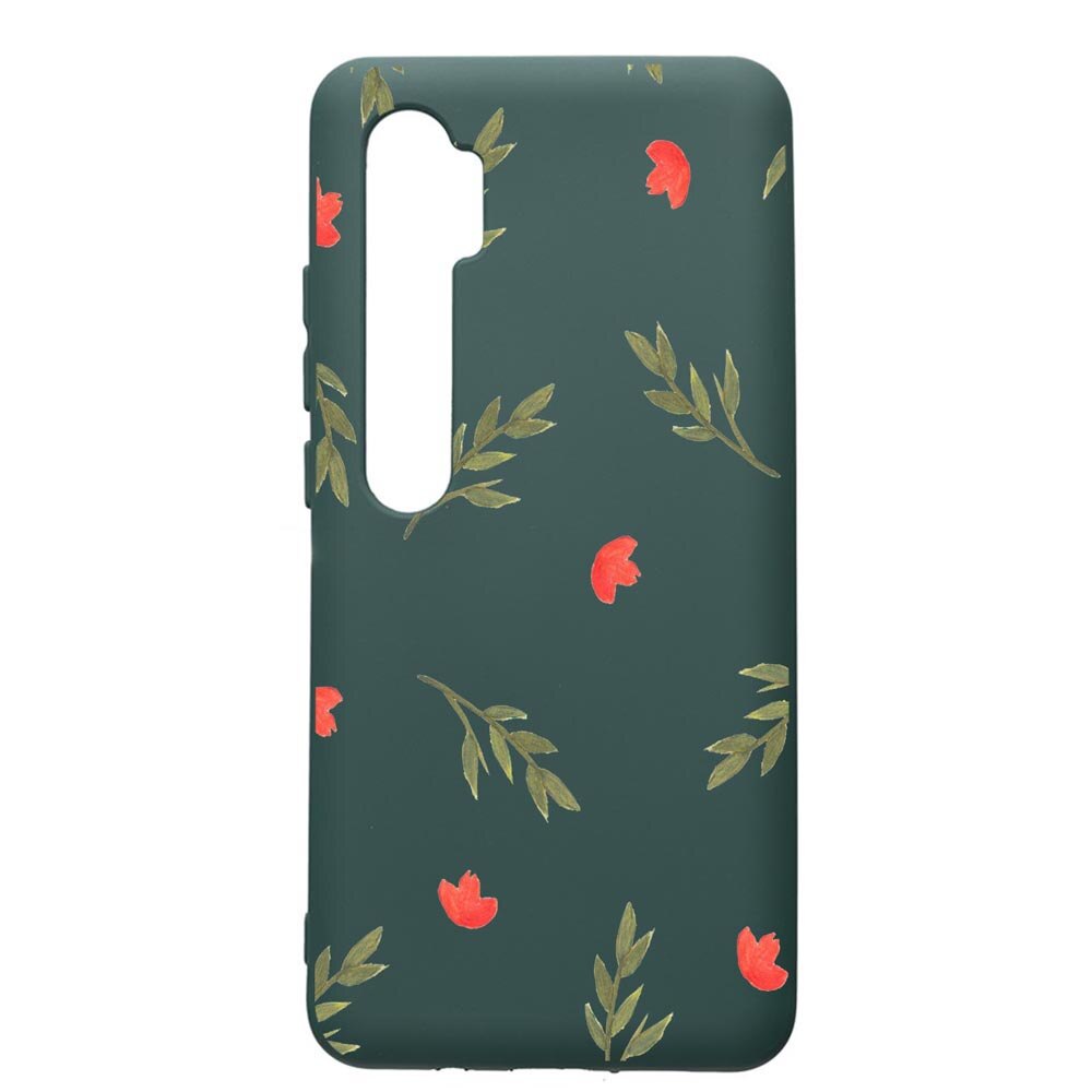Husa Premium Silicon Compatibila Cu Xiaomi Mi Note 10, Flowers, cu interiorul din material textil, protectie camera, Forest Green, PFG516