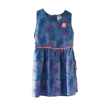 Rochie Jacky, cu imprimeu fluturi si aplicatie bumbi in talie, albastru/multicolor, 12 luni Rochie Jacky, cu imprimeu fluturi si aplicatie bumbi in talie, albastru/multicolor, 12 luni