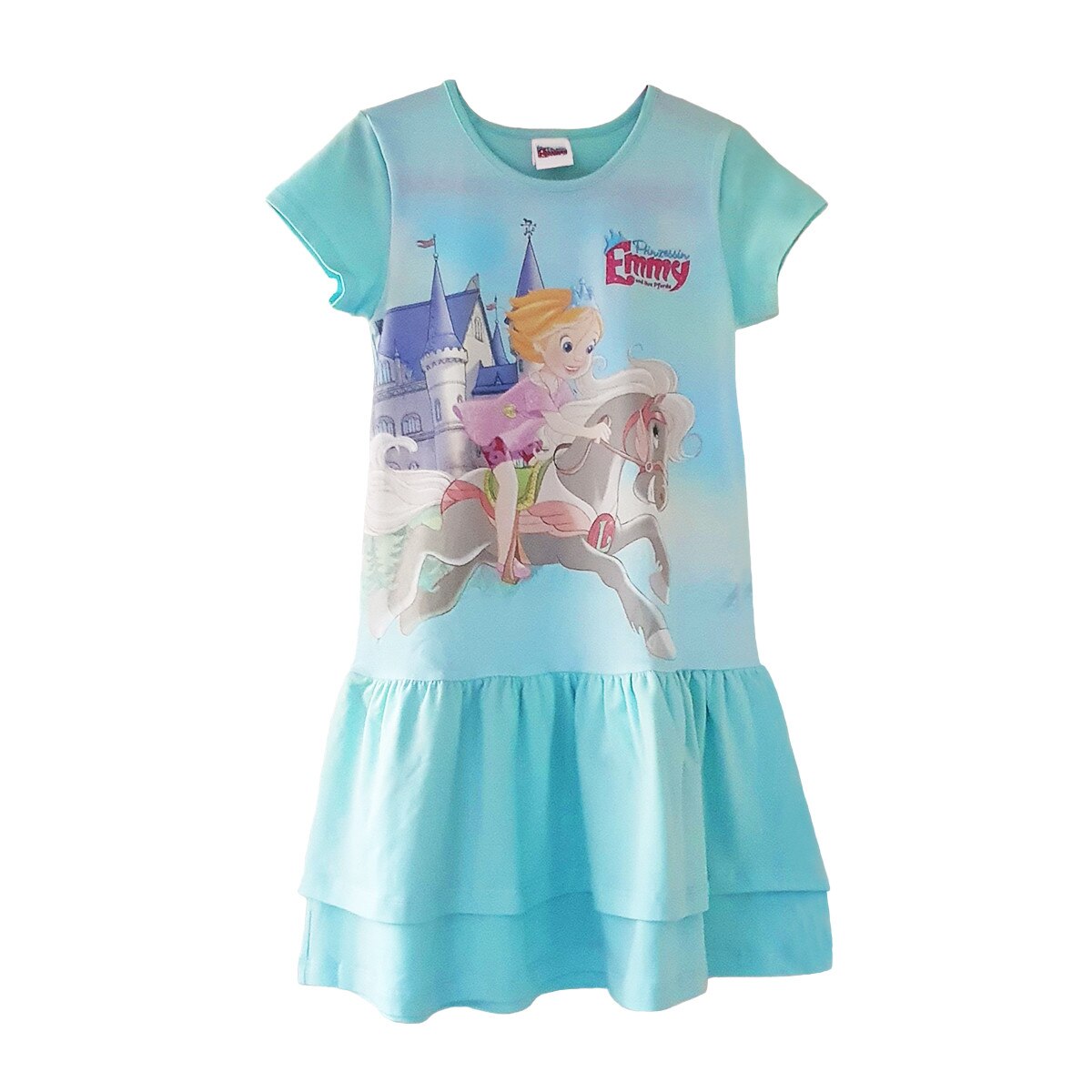 Rochie Emmy, cu imprimeu printesa si volane jos, turcoaz, 8-9 ani