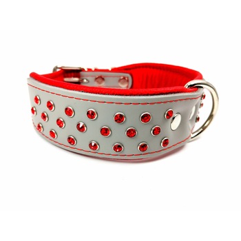 Zgarda din piele naturala nappa gri 40 mm x 50 cm decorata cu strasuri rosii Zgarda din piele naturala nappa gri 40 mm x 50 cm decorata cu strasuri rosii