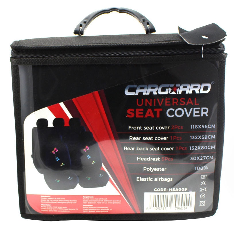 Huse universale scaune auto Carguard Elegance, 9 piese , negru cu model fluturasi , compatibile scaune cu airbag