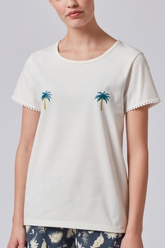 Skiny, Tricou de pijama cu imprimeu pe piept, Alb/Verde persan Skiny, Tricou de pijama cu imprimeu pe piept, Alb/Verde persan