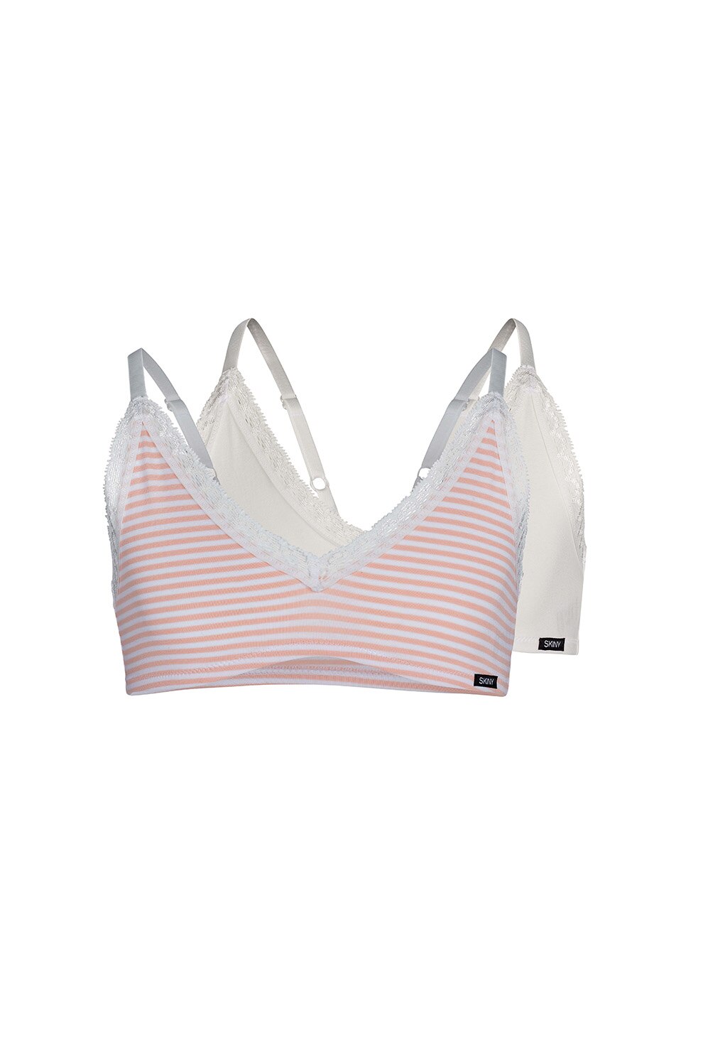 Skiny, Set 2 bustiere cu decolteu in V, Skiny, uni si cu dungi, Alb/Roz somon, Alb/Roz somon