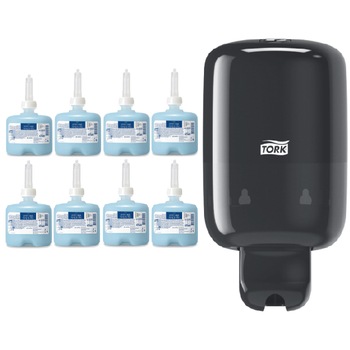 Pachet Sapun lichid Tork Premium pentru par si corp, S2, 420602, 475ml, culoare albastru, 8 bucati si Dozator sapun lichid Tork, S2, 561008, culoare negru Pachet Sapun lichid Tork Premium pentru par si corp, S2, 420602, 475ml, culoare albastru, 8 bucati si Dozator sapun lichid Tork, S2, 561008, culoare negru