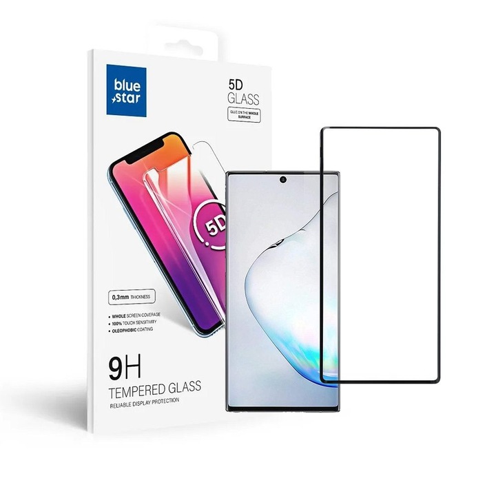 Samsung Galaxy Note 10 Plus / Note 10 Plus 5G (Note10+) kompatibilis üvegfólia, előlapi, 5D, edzett, hajlított, tokbarát, fekete kerettel, Bluestar