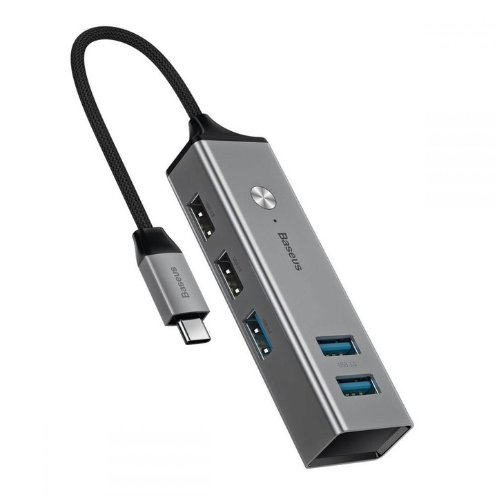 Baseus USB-C Cube Hub Adapter - алуминиев 5-портов USB-C хъб за компютри и лаптопи (тъмносив)