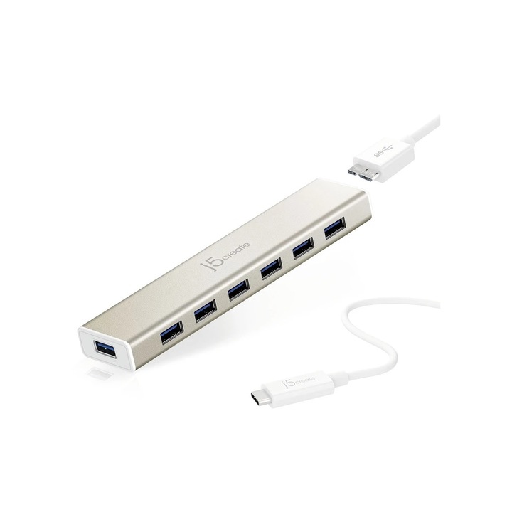 Хъб 7-портов J5 Create USB-C JCH377, USB 3.0, 1:7, Бял