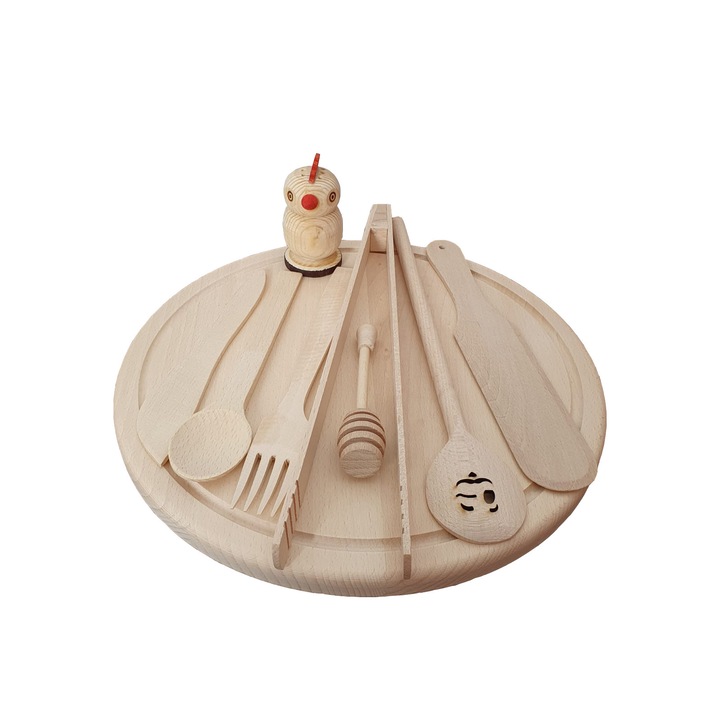 Set Tocator rotund cu 8 ustensile de Bucatarie din Lemn