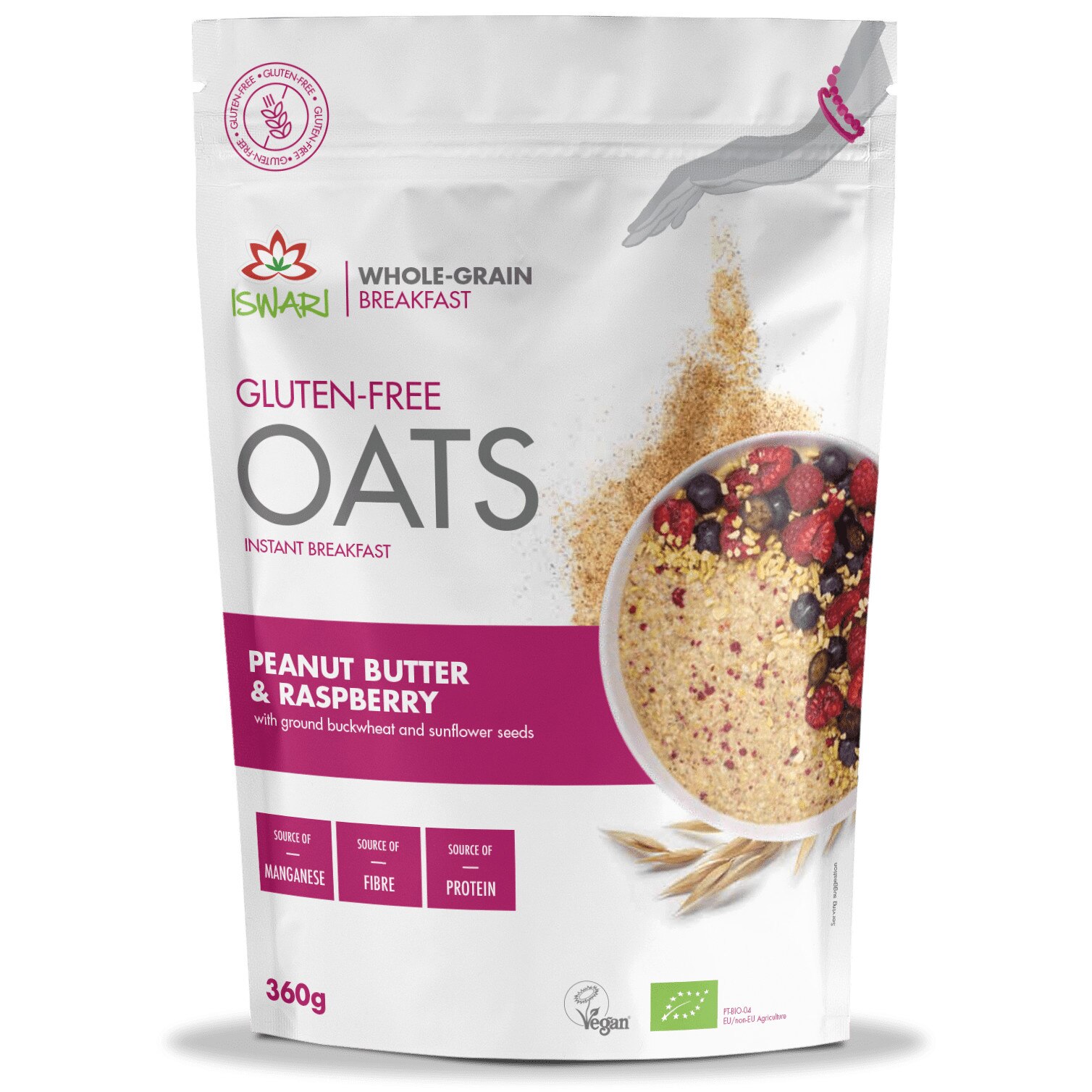 Mic dejun instant bio cu ovaz, zmeura si unt arahide Iswari, 360 g