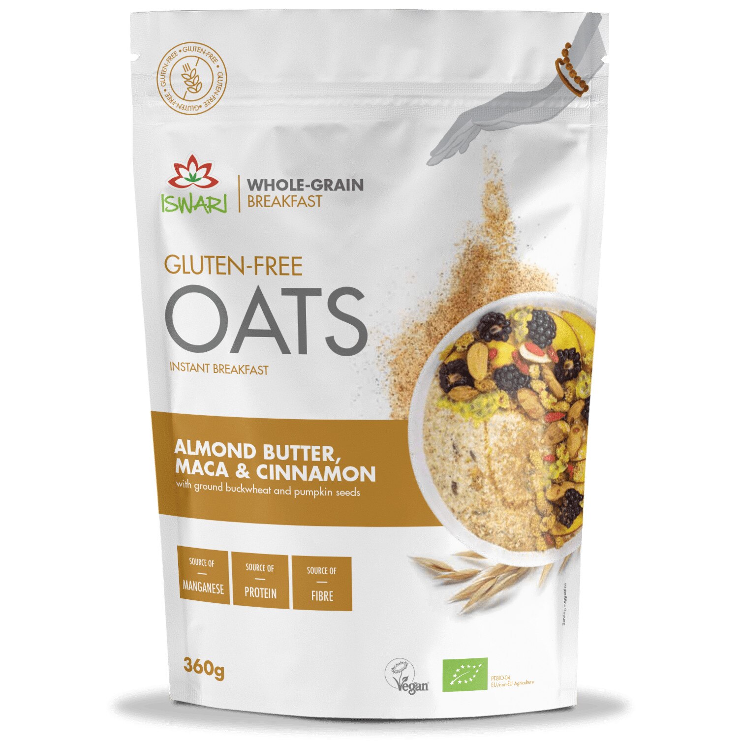 Mic dejun instant bio cu ovaz, maca, scortisoara si unt migdale Iswari, 360 g