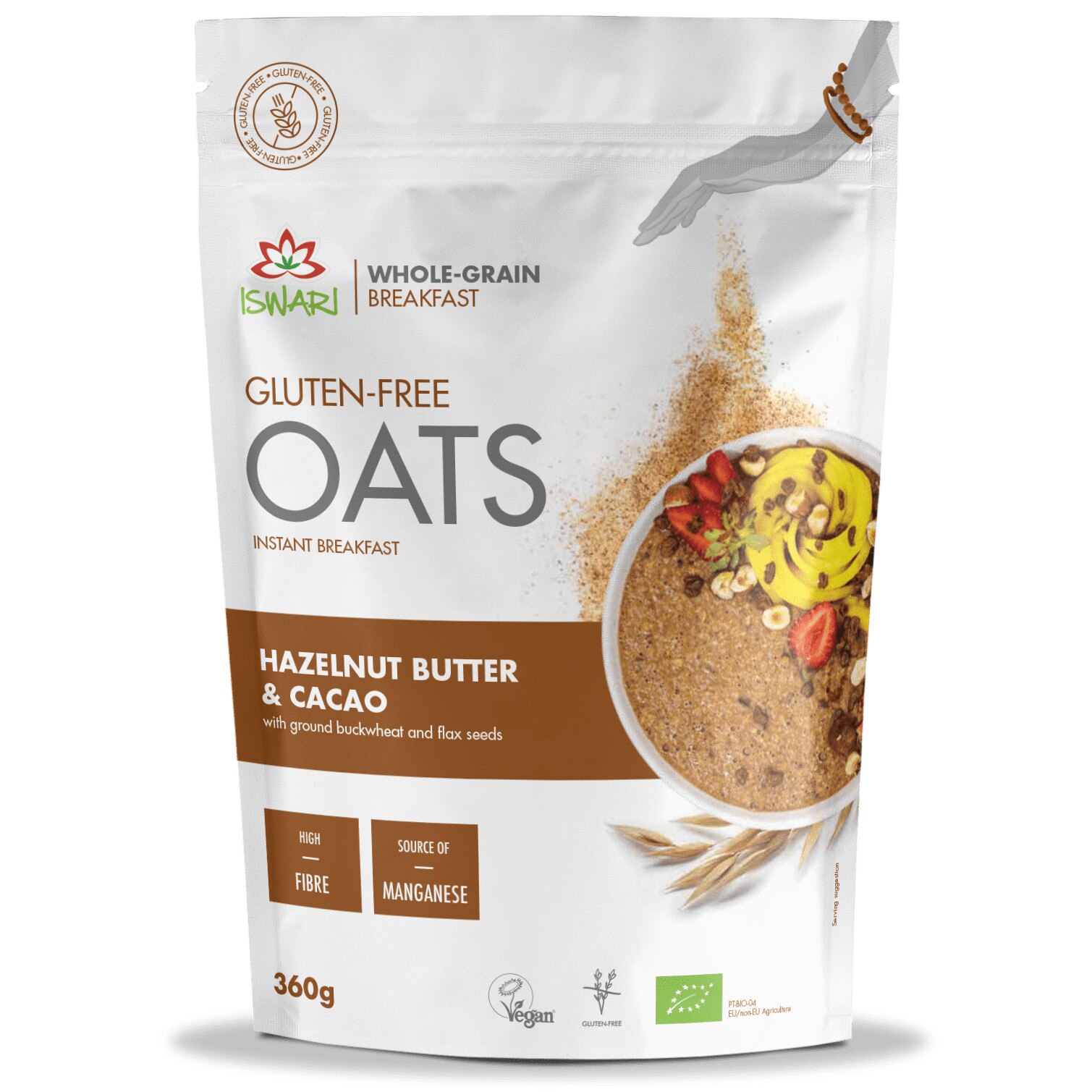 Mic dejun instant bio cu ovaz, cacao si unt alune padure Iswari, 360 g