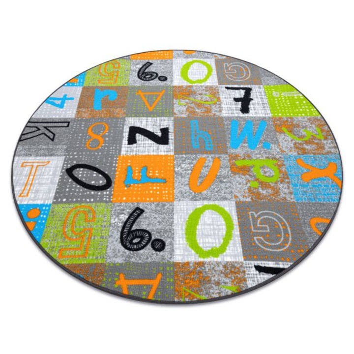 Dywany Łuszczów Gyerekeknek szőnyeg jumpy kör patchwork, betűk, számok szürke / narancs / kék, kerék 100 cm