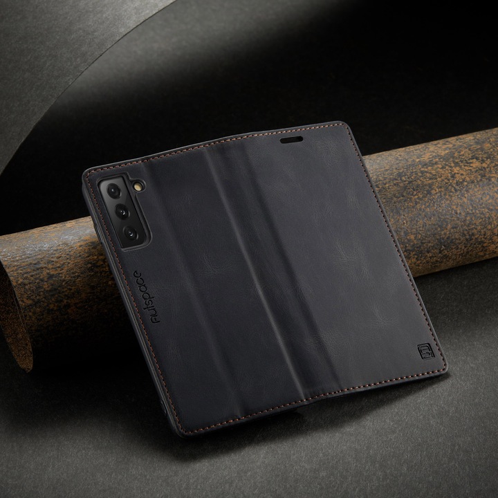 Калъф за Samsung Galaxy S21 Plus, CaseMe Retro, тънък, кожен, тип портфейл, стойка, магнитно закопчаване, мека текстура, RFID защита, Черен