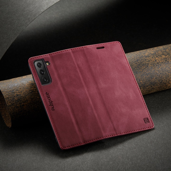 Samsung Galaxy S21 Plus tok, CaseMe Retro, vékony, bőr, pénztárca típusú, állvány, mágneses záródás, puha textúra, RFID védelem, piros