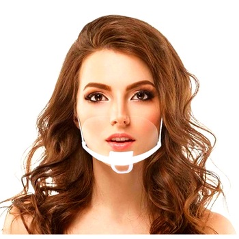 Set 12 Masti transparente reutilizabile pentru gura si nas, cu suport pentru barbie si elastic, bandou alb, Neo™ Horeca Set 12 Masti transparente reutilizabile pentru gura si nas, cu suport pentru barbie si elastic, bandou alb, Neo™ Horeca