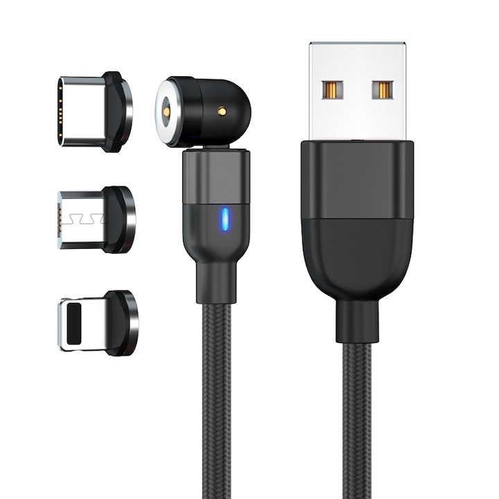 Магнитен кабел за зареждане 540, 3в, USB-C, Micro-USB, Lightning, Greenport, 2.4A, 2M Led, Бързо зареждане, Черен