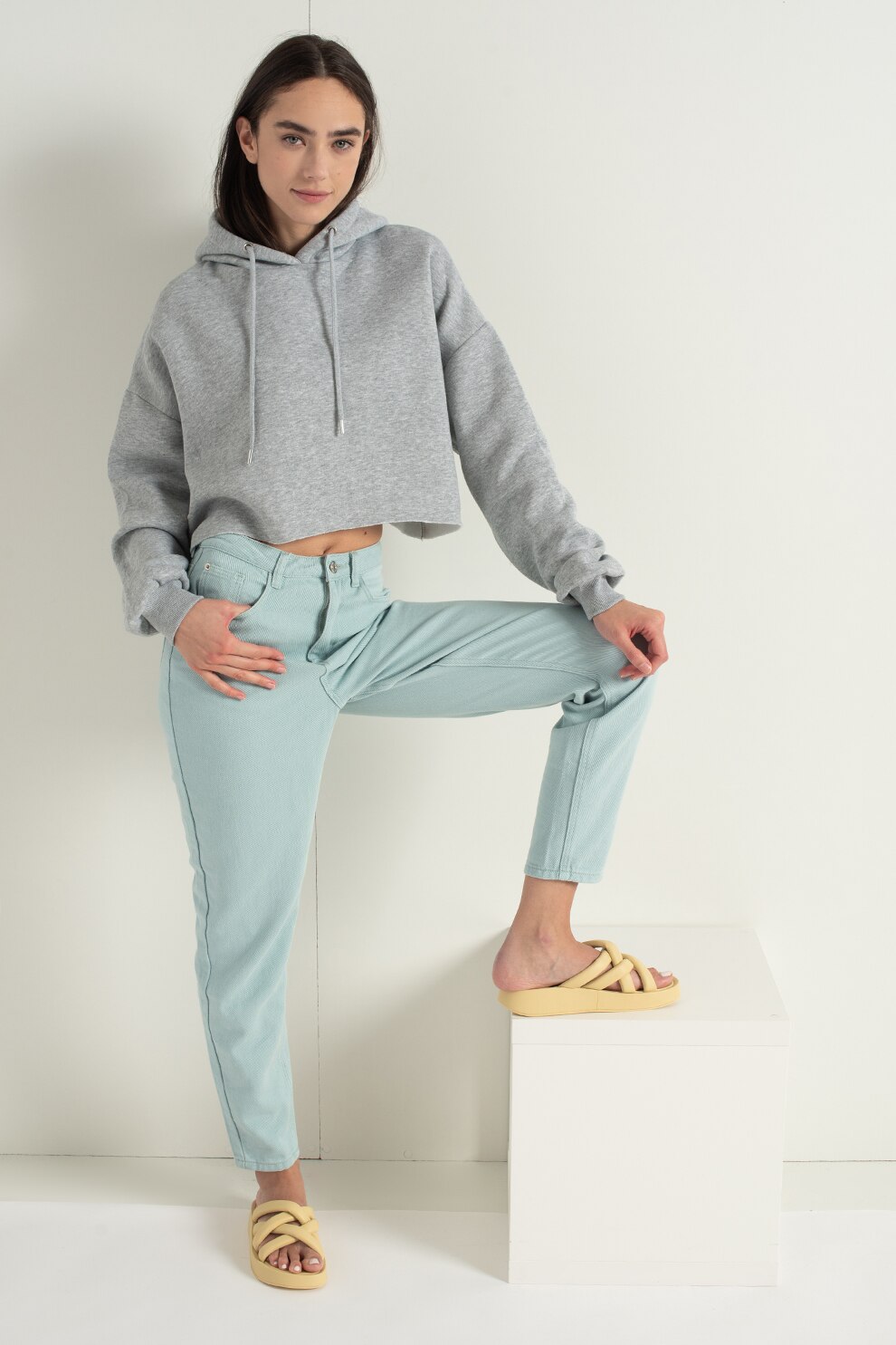 Haily's, Hanorac crop cu maneci cazute Alissa, Gri deschis melange