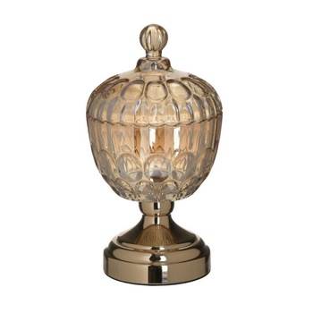 Bomboniera din sticla Amber cu capac si suport metalic 14 cm x 26 cm Bomboniera din sticla Amber cu capac si suport metalic 14 cm x 26 cm