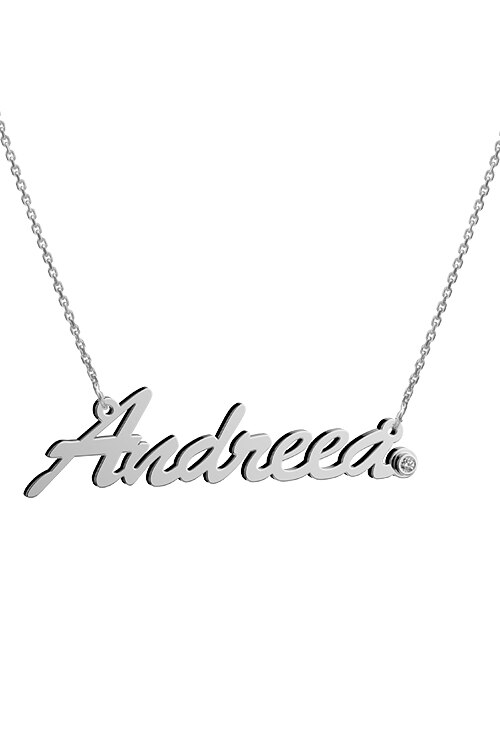 Colier aur alb 14K, Coriolan, nume Andreea, diamant 0.01 carate GVS1, 42-45 cm