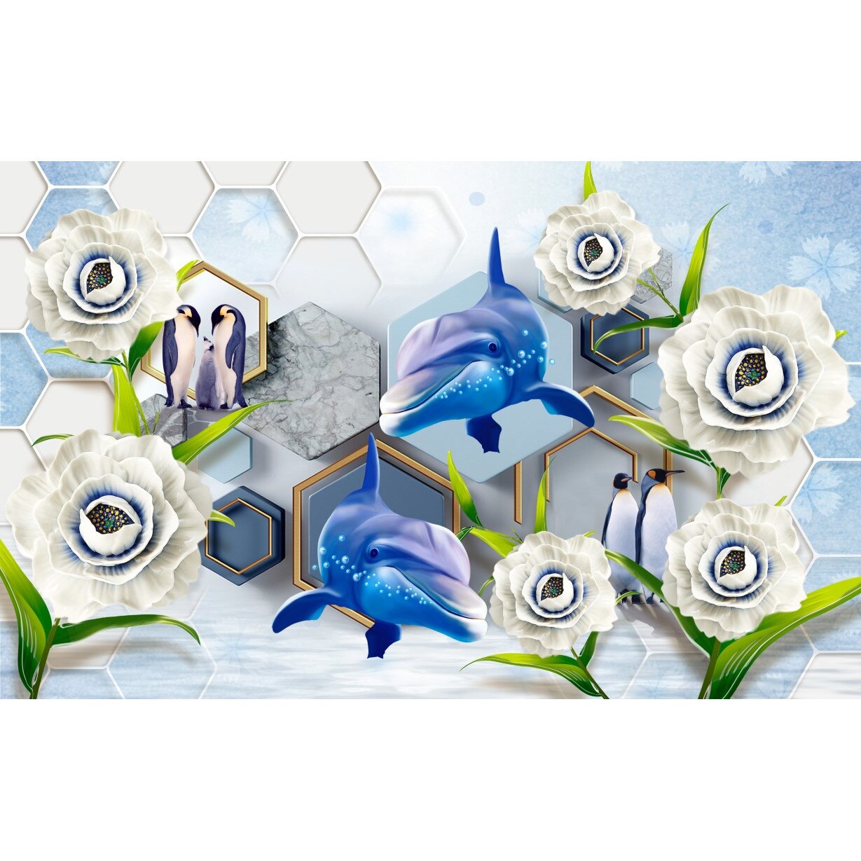 Tablou canvas - Celfini si pinguini abstract, 100x70 cm