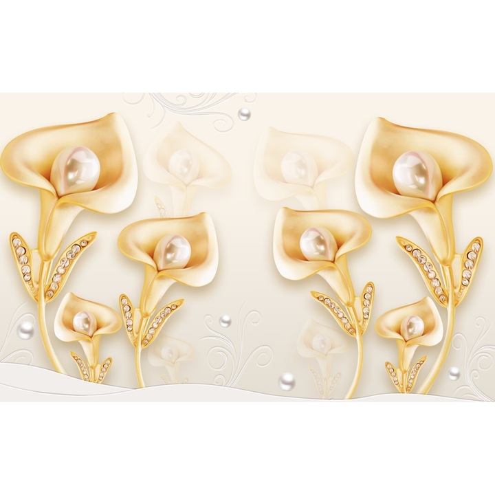 Tablou canvas - Abstract flori aurii cu perle albe, 50x35 cm