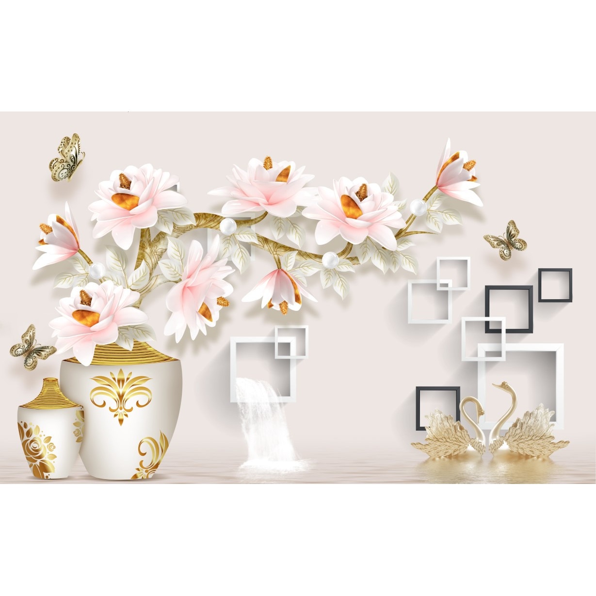 Fototapet autocolant PVC , Abstract flori cu patrate si lebede, 250x400 cm