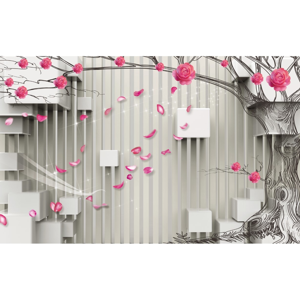 Fototapet autocolant PVC , Copac si flori abstracte, 250x400 cm