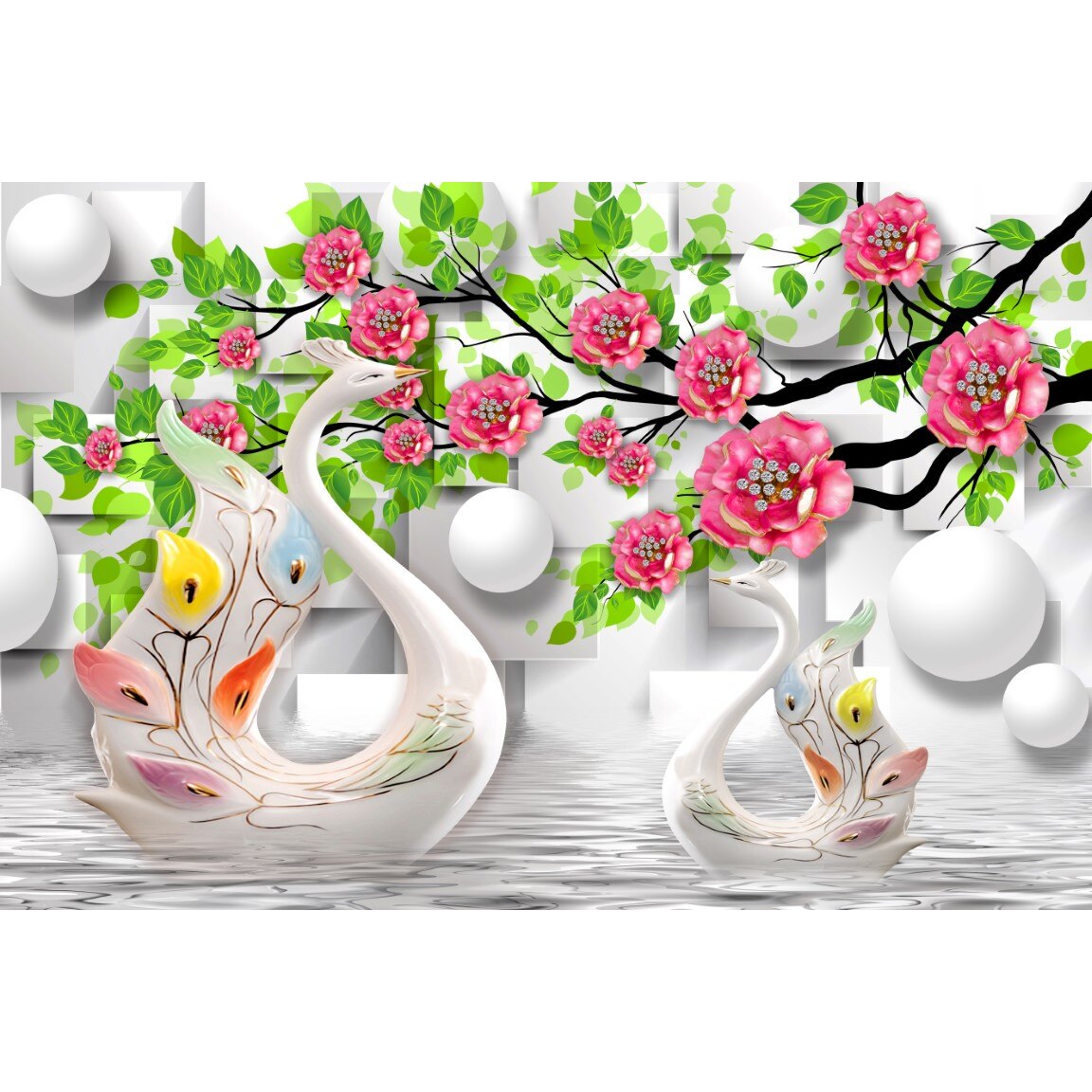 Tablou canvas - Lebede portelan abstract, 75x50 cm