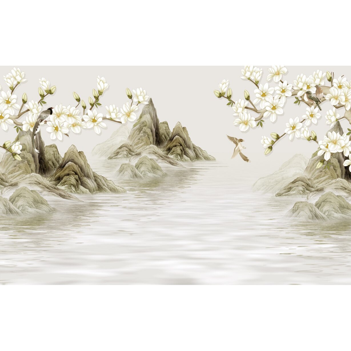 Tablou canvas - Abstract flori cu munti si apa, 50x35 cm