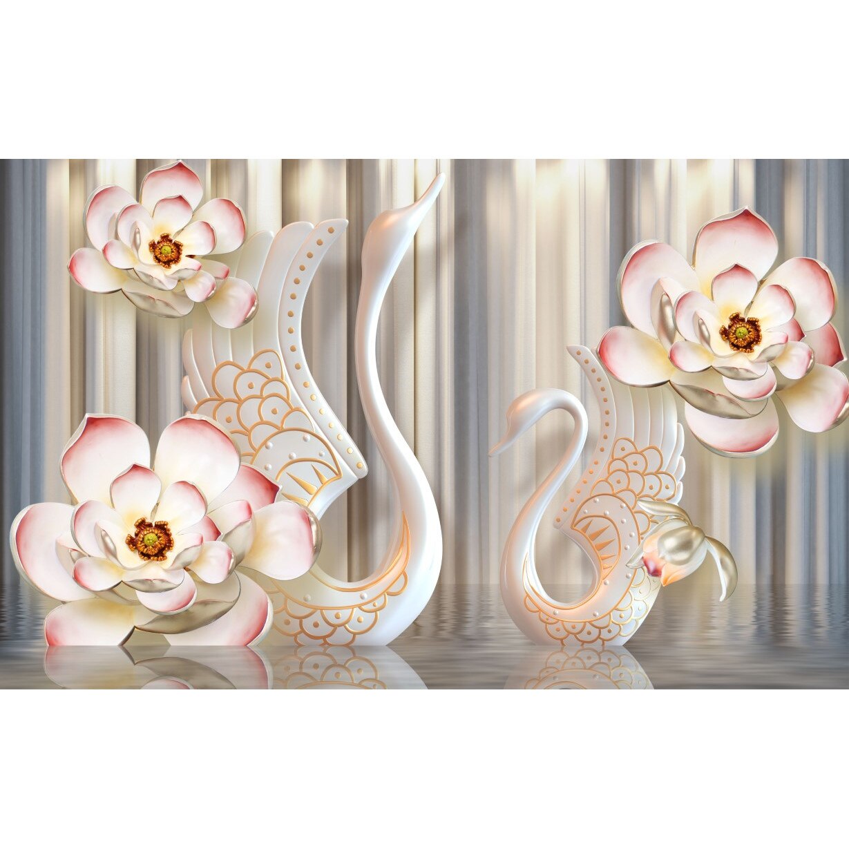 Tablou canvas - Abstract flori lebede portelan, 75x50 cm