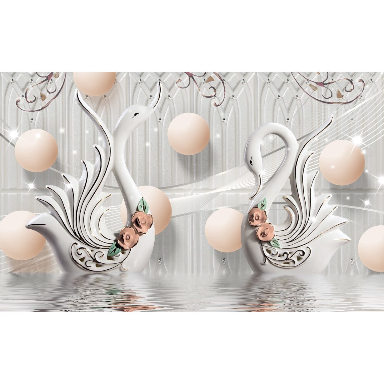 Tablou canvas - Lebede portelan in apa, 50x35 cm