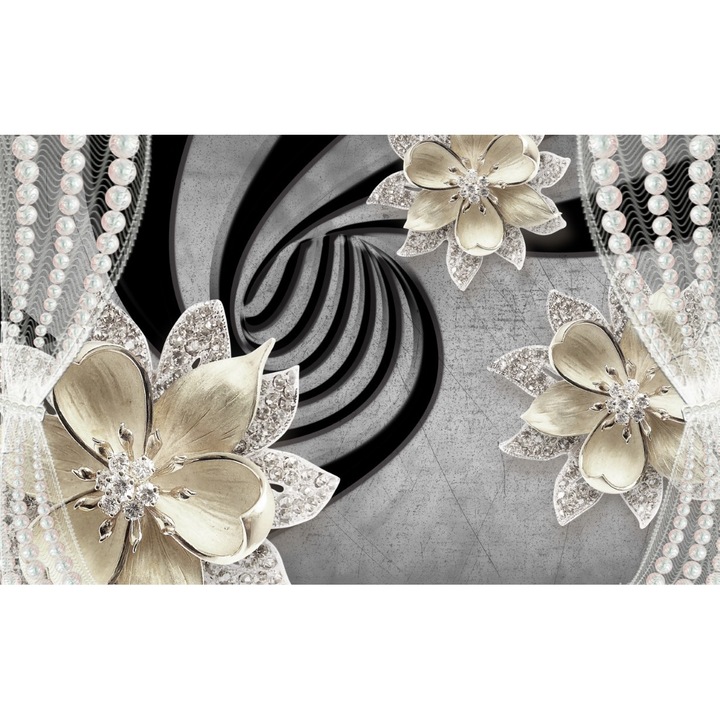 Tablou canvas - Abstract flori aurii cu perle, 100x70 cm