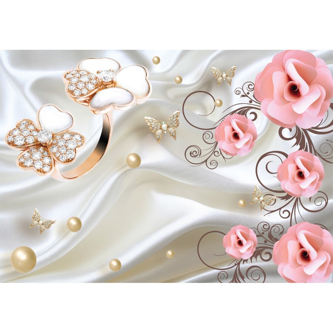 Tablou canvas - Abstract flori roz cu perle, 50x35 cm