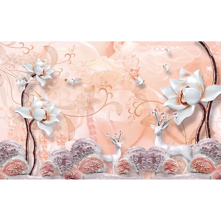 Tablou canvas - Abstract caprioare si flori albe, 50x35 cm